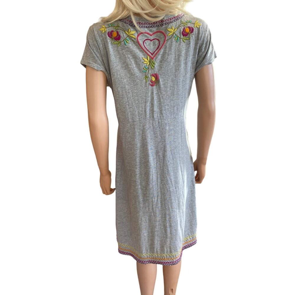 Johnny Was LA Gray Embroidered V-Neck Dress W's Medium Hearts Cotton - Picture 6 of 15